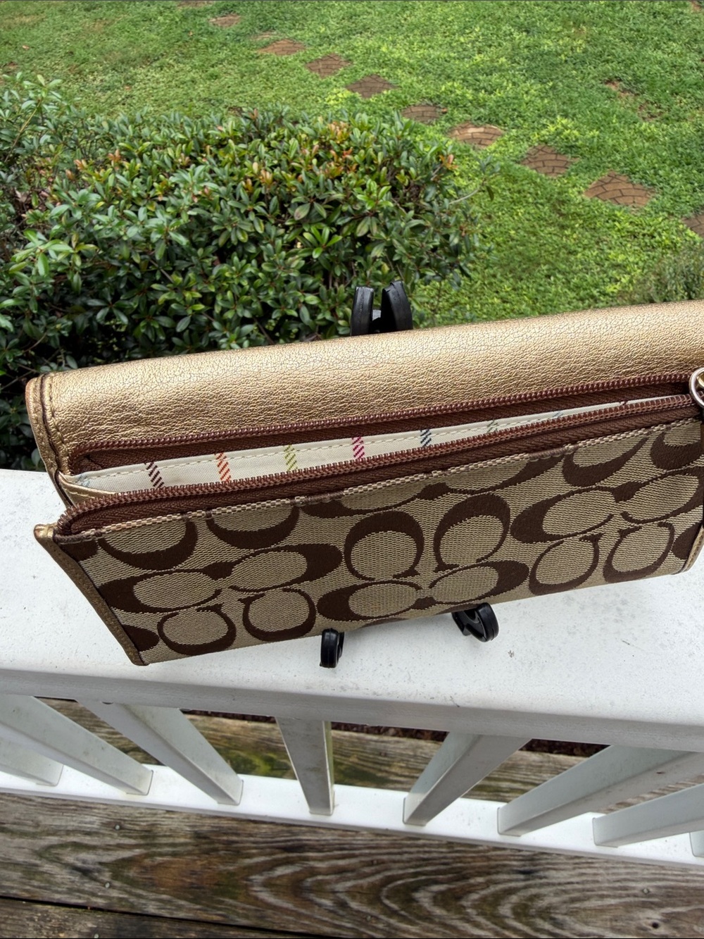 Coach Bleecker Signature Brown Canvas Gold Leather Buckle continental wallet - Picture 6 of 16